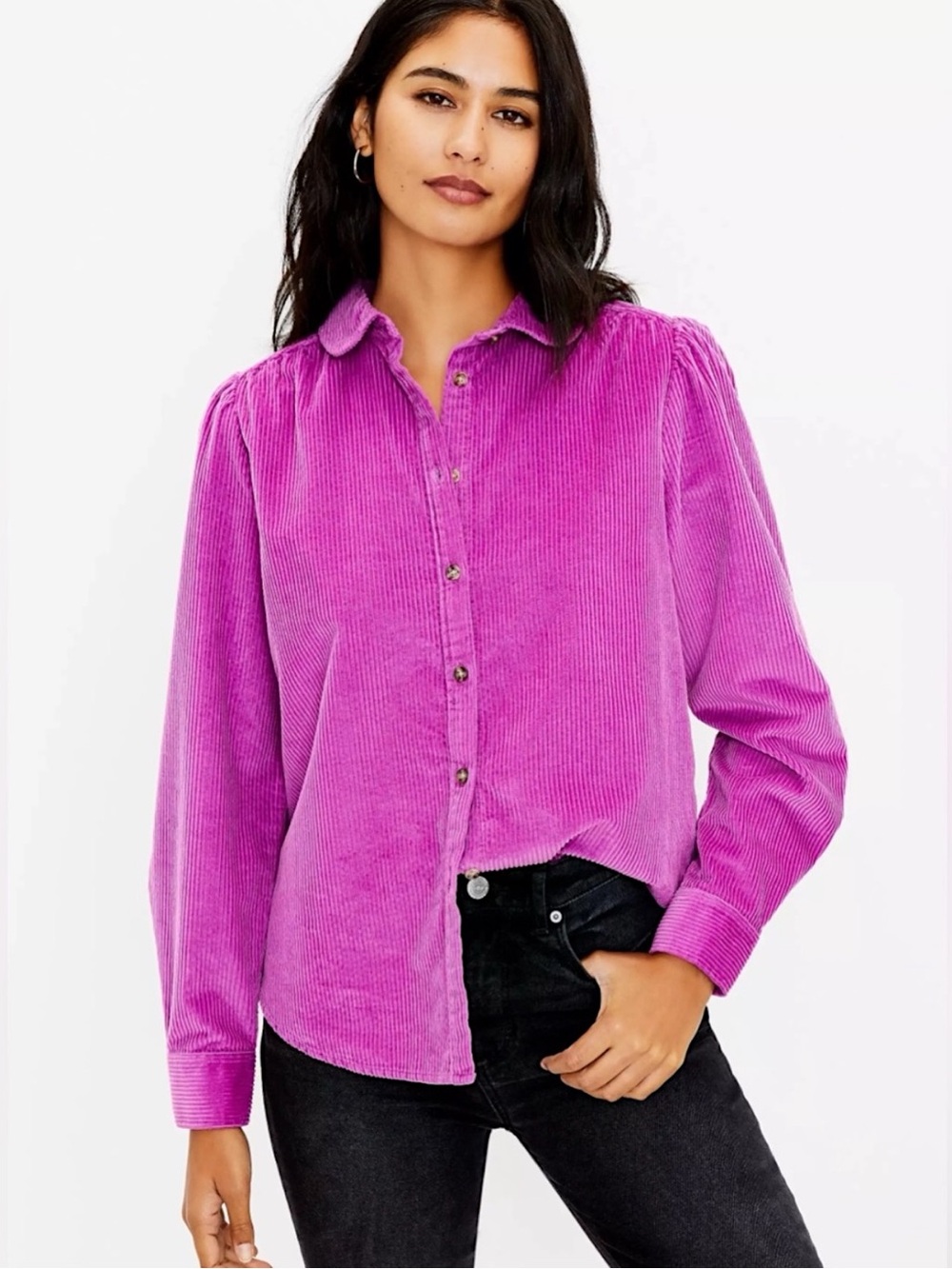 Loft Corduroy Round Collar Shirt in Bright Gypsy Fuchsia